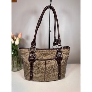Giani Bernini Signature Logo Tote Bag Brown Tan Silver Hardware Monogram Print